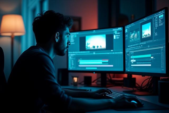شخص يعمل على برنامج مونتاج فيديو احترافي على شاشات متعددة